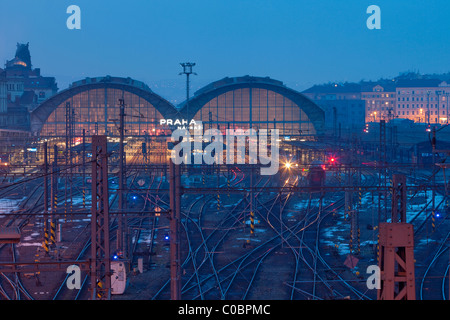 Prague Main Railway Station - view from above of tracks outside at dusk Stock Photo
