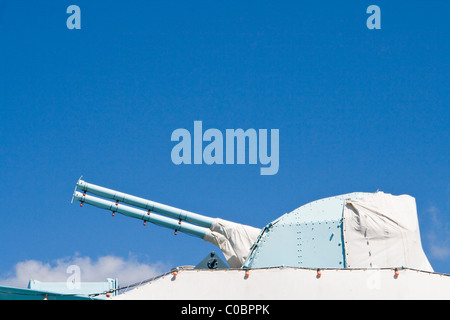 High section of ORP Blyskawica against blue sky Stock Photo