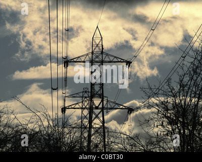 metal pylon carrying electricity supply power lines Stock Photo