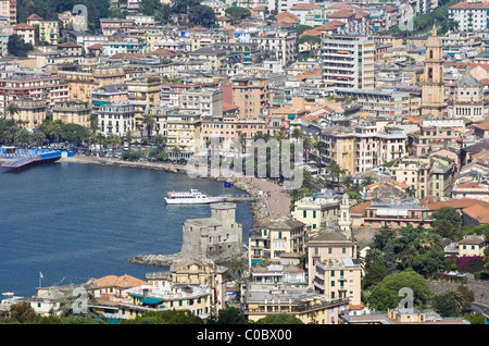 Aerial view of Rapallo with the characteristic castle and promenade. Rapallo is a small town in Liguria near Genoa, Italy Stock Photo