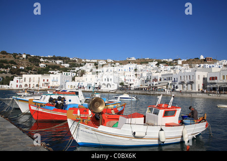 Boats in harbor, Mykonos Town (Chora), Mykonos, Cyclades, Greece Stock Photo