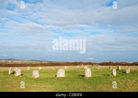 The ' merry maidens ' stone circle near Lamorna in Cornwall, UK Stock Photo