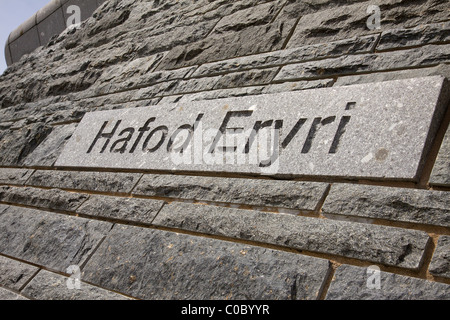 The outside Welsh slate wall of the Mount Snowdon summit cafe. Snowdonia, North Wales, UK Stock Photo