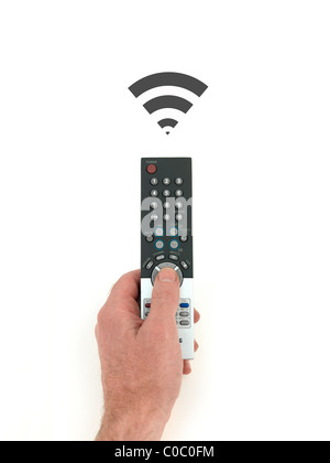A remote control held in the hand isolated against a white background Stock Photo