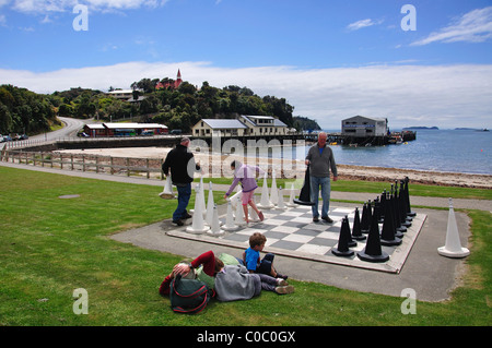 Game of chess on beach waterfront, Oban, Stewart Island (Rakiura), Southland Region, New Zealand Stock Photo