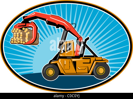 illustration of a Logging forklift truck hoisting logs timber lumber with sunburst set inside an ellipse Stock Photo