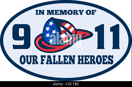 illustration of a fireman firefighter helmet with American flag and words ' in memory of 9-11 our fallen heroes' Stock Photo