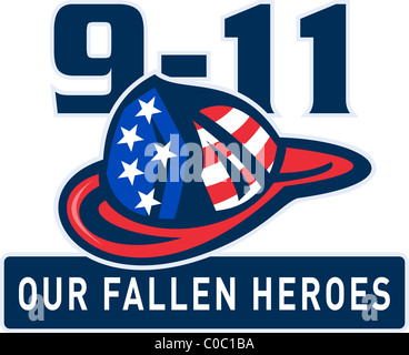 illustration of a 9-11 fireman firefighter helmet with  American stars and stripes flag Stock Photo