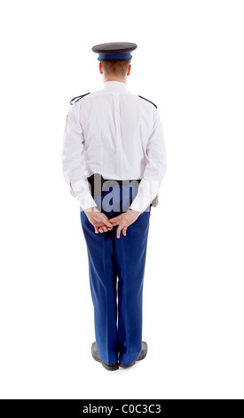 Dutch police officer from behind over white background Stock Photo