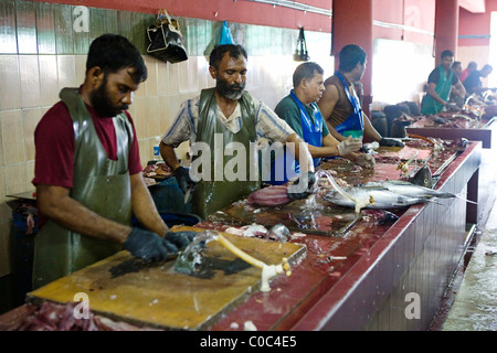 Locals cleaning/cutting fish in main fish market in Male (The capital of The Maldives) Stock Photo