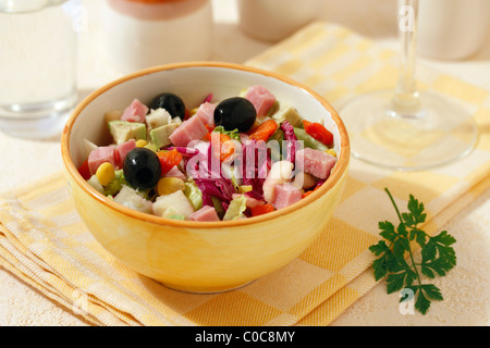 Mixed salad with ham. Recipe available. Stock Photo