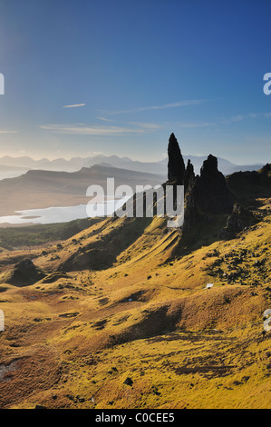 Spring morning view of the Old Man of Storr on a clear sunny blue sky day on the isle of Skye, Scottish Highlands Stock Photo