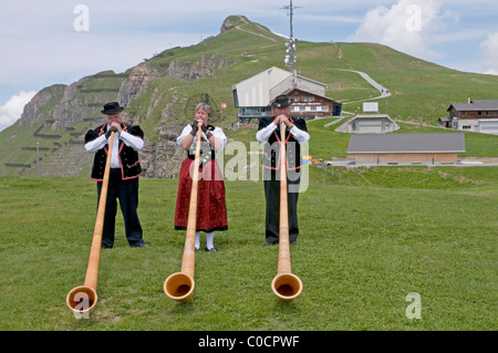 A trio of Alpine horns at The Mannlichen above Wengen in Switzerland Stock Photo