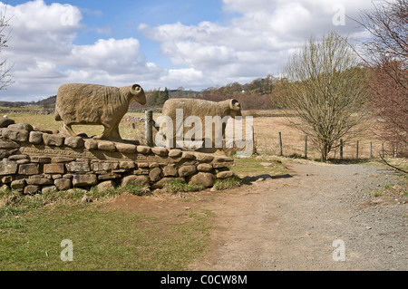 Stone sheep sculpture at Low Force, Teesdale. The footpath is The Teesdale Way on the stretch between Low Force and High Force. Stock Photo