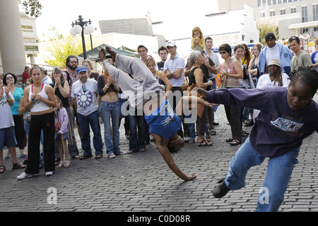 demonstration of Capoeira a Brazilian martial arts dance form at arts festival Gainesville Florida Stock Photo