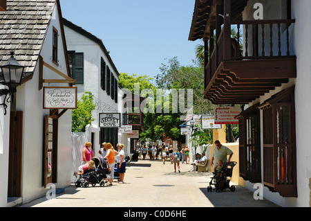 tourists shopping and strolling along historic St. George Street in St. Augustine Florida Stock Photo