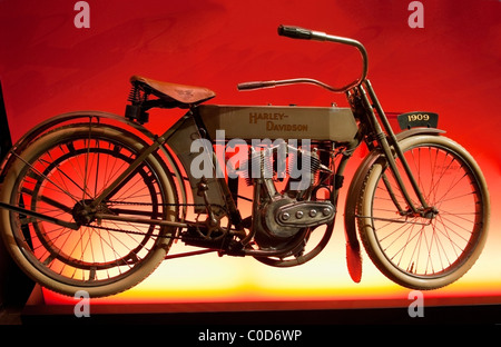 A 1909 Harley Davidson Motorcycle with the first V-Twin engine on display at the Harley Davidson Museum in Milwaukee, Wisconsin. Stock Photo