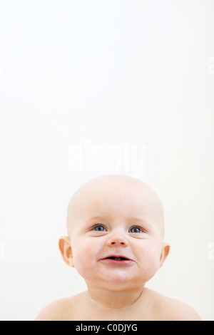 Bald baby in front of white background Stock Photo