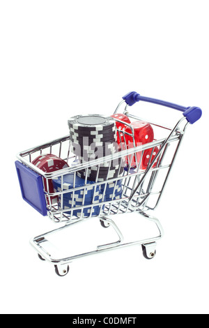 poker chips and dices in shopping trolley on white background. another similar shots available Stock Photo