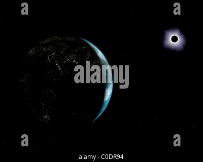 Illustration of the city lights on a dark Earth during a solar eclipse. Stock Photo