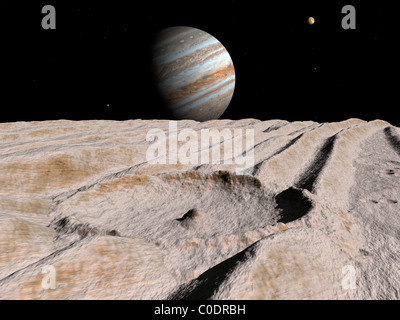 Artist's concept of an impact crater on Jupiter's moon Ganymede, with Jupiter on the horizon. Stock Photo