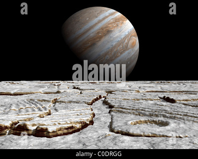 Artist's concept of Jupiter as seen across the icy surface of its moon Europa. Stock Photo