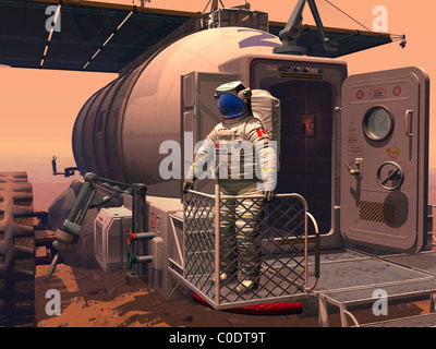 Illustration of an astronaut leaving their Mars rover vehicle to explore the planet's surface. Stock Photo