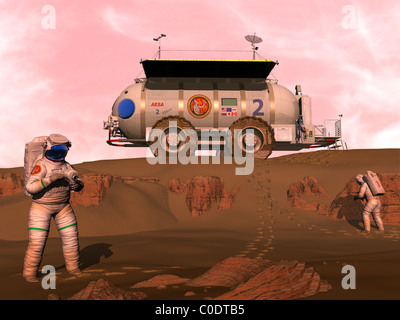 Illustration of astronauts examining an outcrop of sedimentary rock on a Martian dune field. Stock Photo