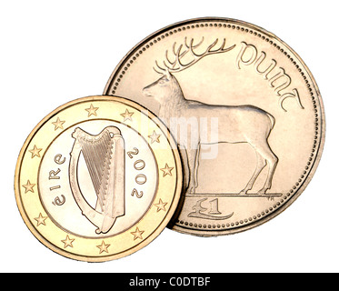 Irish 1 Euro coin from 2002 and pre-Euro 1 Punt Stock Photo
