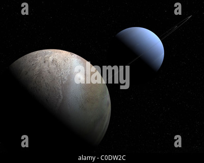 Illustration of the gas giant planet Neptune and its largest moon Triton. Stock Photo
