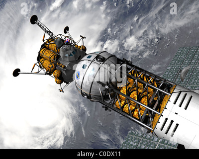 Artist's concept of a space tug docked with a lunar lander. Stock Photo