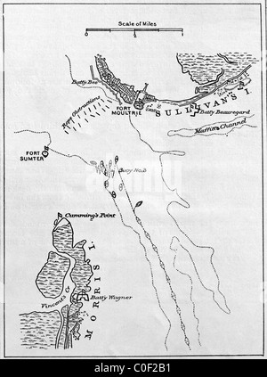 MAP showing Fort Sumter and Fort Moultrie 1909-1914 South Carolina Charleston harbor area Stock Photo