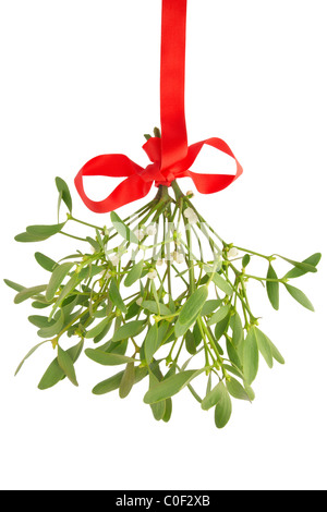 A bunch of mistletoe with a red bow, isolated on a white background ...