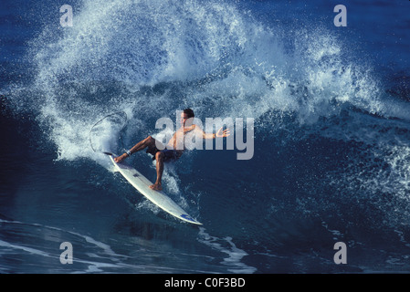 Kelly Slater surfing at OTW, north shore, Hawaii, 1996 Stock Photo