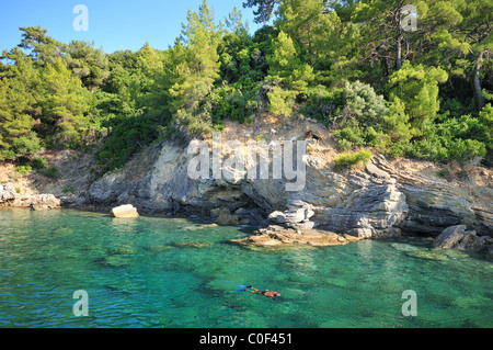 A man snorkeling in the crystal clear waters of the Aegean sea, southern Turkey, Europe Stock Photo