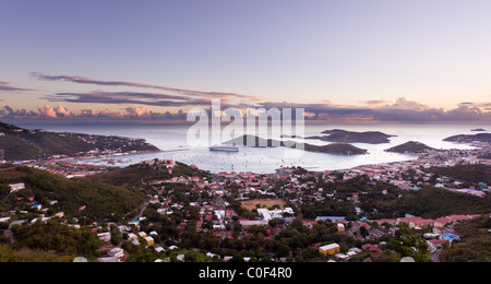 Aerial view of Charlotte Amalie Harbour in St Thomas at sunset Stock Photo