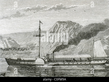 Robert Fulton's steamboat. Constructed by the North American engineer Robert FULTON (1765-1815). Engraving of the 19th century. Stock Photo