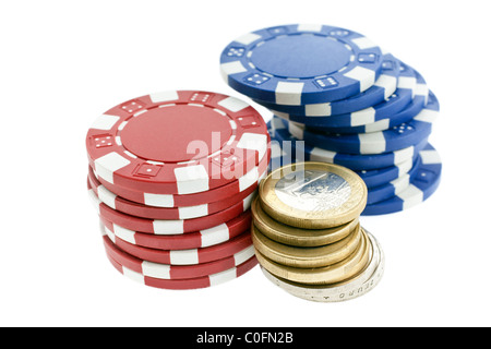 multicolor poker chips and euro coins isolated on white background. closeup horizontal shot. another similar shots available Stock Photo
