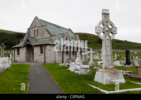 Celtic style headstone in the graveyard of St. Tudno's Church, Great Orme, Llandudno, North Wales Stock Photo