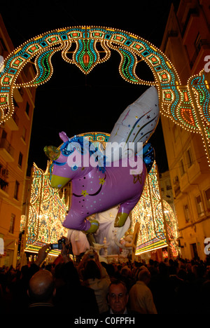 Falla Literato Azorin lightning decorations during Las Falles  traditional celebration held in commemoration of Saint Joseph in the city of Valencia, Spain Stock Photo