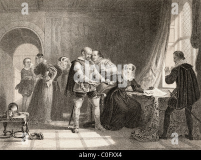 Mary Queen of Scots compelled to sign her abdication in Lochleven Castle in 1567. Stock Photo