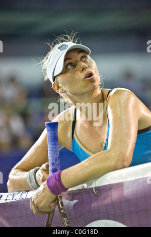 Vera Zvonareva (RUS) argues with the umpire during the semi final match against Daniela Hantuchova (SVK) in PTT Pattaya Open. Stock Photo