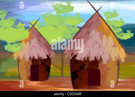 Digital painting of huts. The artist is enjoying the beauty of two huts with triangular tops and experiencing the touch of a vil Stock Photo