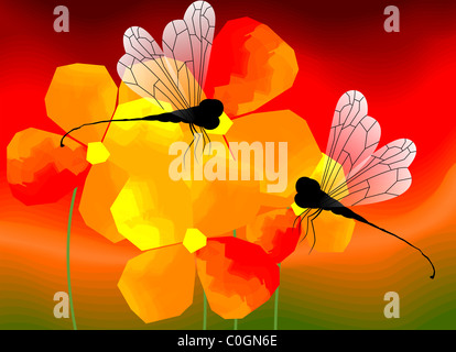 Digital painting of butterfly. The artist is experiencing the beauty of dragon flies sitting on the petals of flowers. Stock Photo