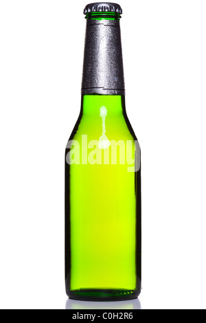 Photo of a bottle of beer with foil wrapper and cap, isolated on a white background. Stock Photo