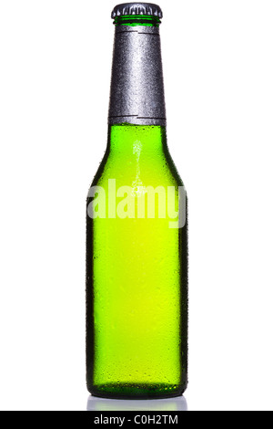 Photo of an ice cold bottle of beer covered in droplets with foil wrapper and cap, isolated on a white background. Stock Photo