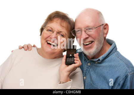 Happy Senior Couple Using Cell Phone Isolated on a White Background. Stock Photo