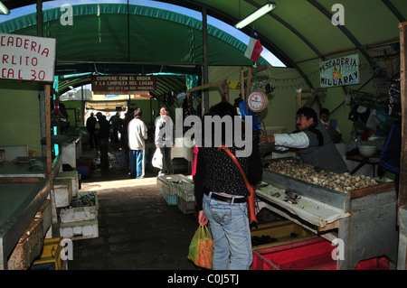 Green marquee, with wet fish stall-holder serving shellfish cockles mussels to two women, Feria Municipal, Ancud, Chiloe, Chile Stock Photo