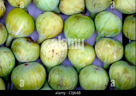 Local grown green figs for sale at a street vegetable and fruit stall market in the small port village of Drevnik, Croatia Stock Photo