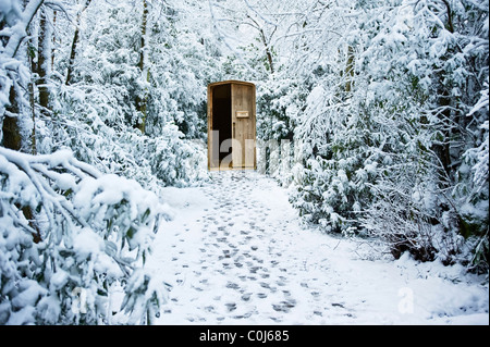 Path through winter forest leading to secret hidden door Stock Photo